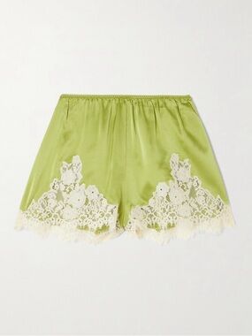 Doen Olive Green Silk Sleep Shorts with Ivory Lace Trim